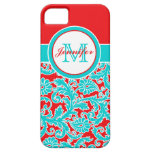 Monogrammed Blue, Red, White Damask iPhone 5 iPhone 5 Covers