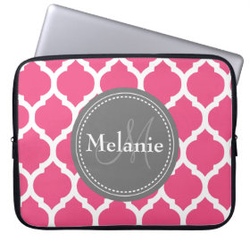 Monogrammed Bright Pink & Grey Quatrefoil Laptop Sleeves