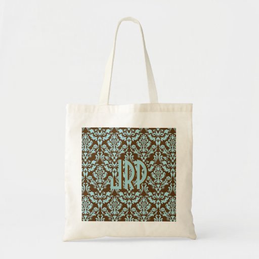 Monogrammed Brown  Blue Damask Budget Tote Bag | Zazzle