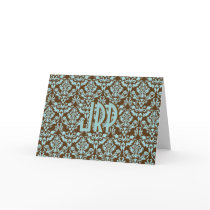 Monogrammed Brown & Blue Damask Greeting Card