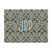 Monogrammed Brown & Blue Damask Post Cards