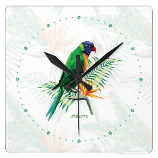 Monogrammed Colorful Parrot And Flowers Square Wall Clock