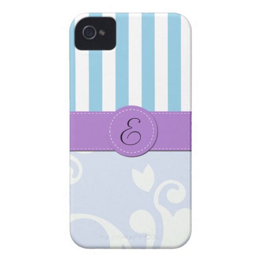 Monogrammed Damask Stripes Blue White Purple iPhone 4 Case