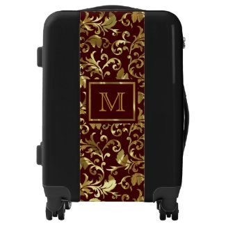 Monogrammed Dark Brown And Gold Damask Luggage