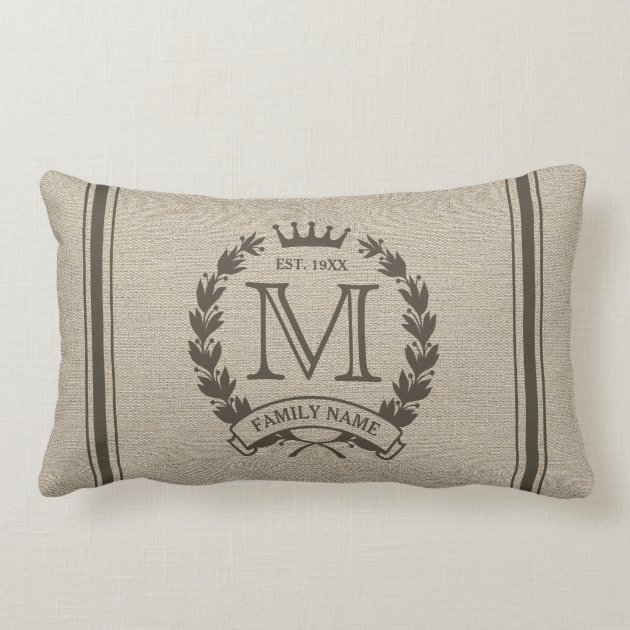 Monogrammed Family Logo Burlap Look Lumbar Pillow