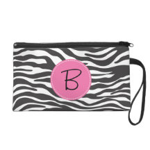 Monogrammed Fancy Zebra Print and Pink Label Wristlet
