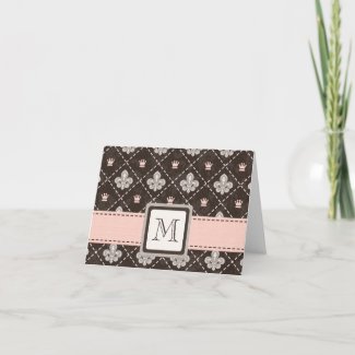 Monogrammed Fleur de Lis Note Cards Pink and Brown