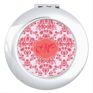 Monogrammed Girly Pink Damask Compact Mirror