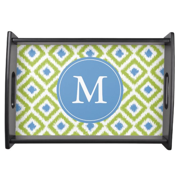 Monogrammed Green and Blue Ikat Diamonds Pattern Food Tray