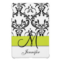Monogrammed Green Black White Swirls Damask ipad mini cases