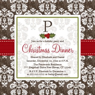 Monogrammed Holly Berry Christmas Dinner Party Invitations