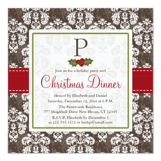Monogrammed Holly Berry Christmas Party Invitation (front side)