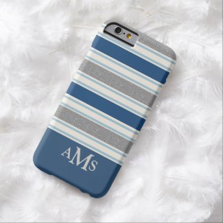 Monogrammed iPhone 6 Case|Blue Gray Stripes Barely There iPhone 6 Case