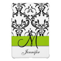 Monogrammed Lime Green Black White Swirls Damask ipad mini cases