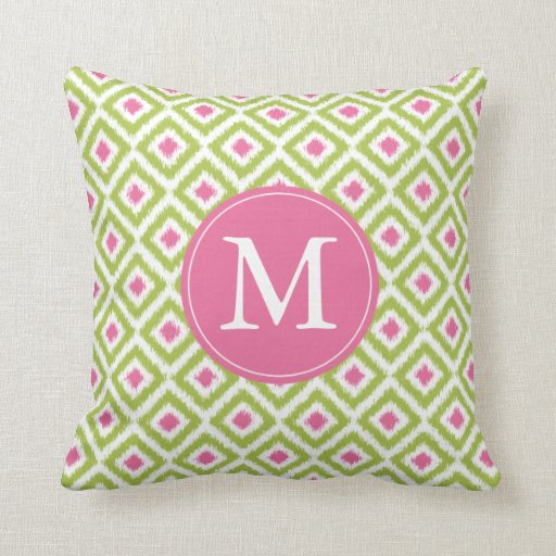 Monogrammed Lime Green Pink Diamonds Ikat Pattern Throw Pillow Zazzle