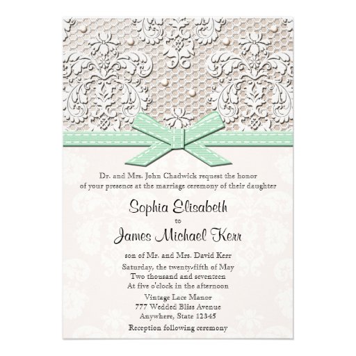 Monogrammed Mint Vintage Lace Wedding Invitations