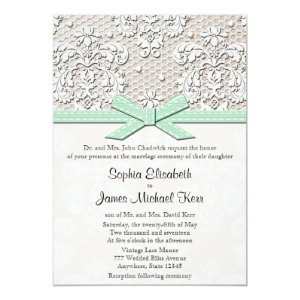 Monogrammed Mint Vintage Lace Wedding Invitations 5