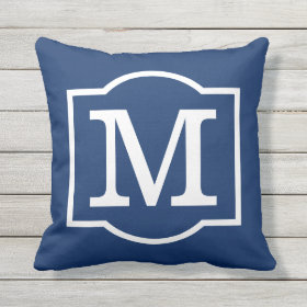 Monogrammed | Navy Blue and White Outdoor Pillow