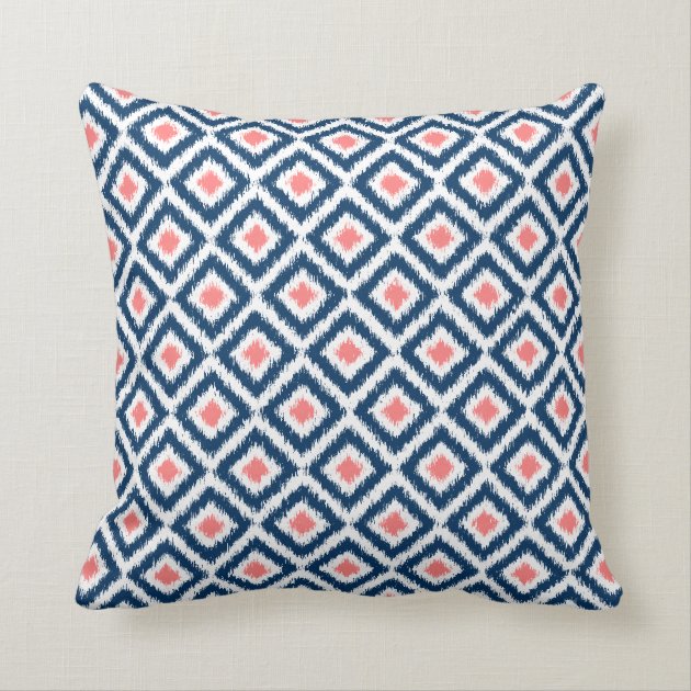 Monogrammed Navy Blue Coral Diamonds Ikat Pattern Pillows