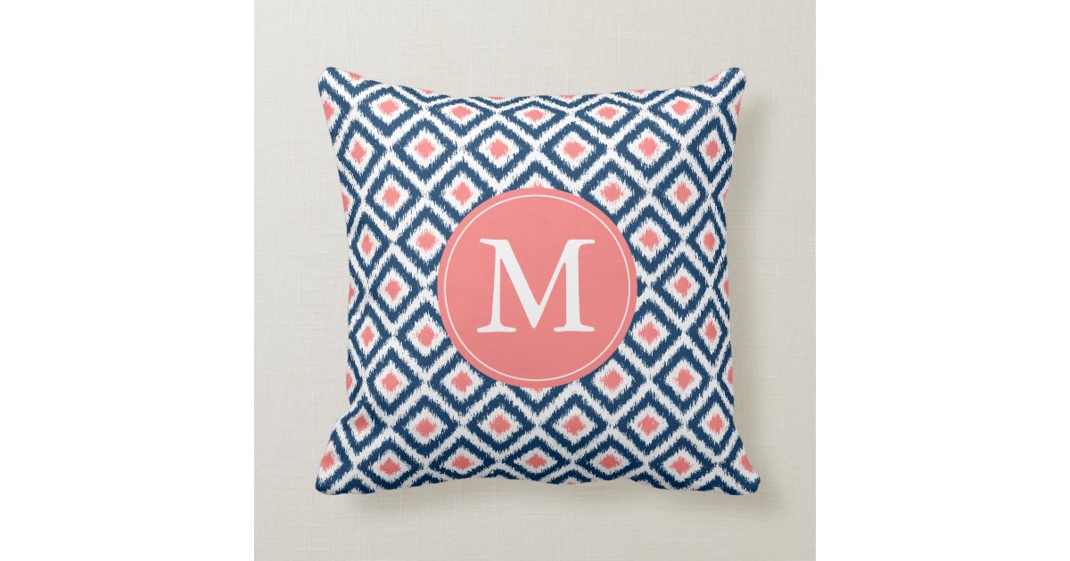 Monogrammed Navy Blue Coral Diamonds Ikat Pattern Pillows