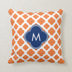 Monogrammed Orange and Royal Blue Quatrefoil Throw Pillow
