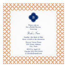 Monogrammed Orange , Royal Blue Quatrefoil Bridal Personalized Announcement