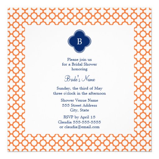 Monogrammed Orange , Royal Blue Quatrefoil Bridal Personalized Announcement