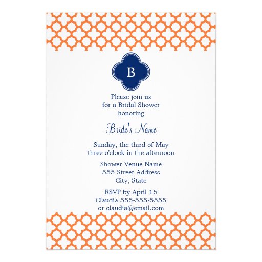 Monogrammed Orange , Royal Blue Quatrefoil Bridal Custom Announcements