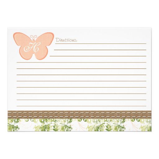 Monogrammed Peach Butterfly Recipe Card