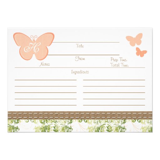 Monogrammed Peach Butterfly Recipe Card