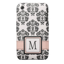 Monogrammed Pink Black Damask iPhone 3 Case