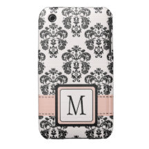 Monogrammed Pink Black Damask iPhone 3 Case
