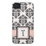 Monogrammed Pink Black Damask iPhone 4 Case Cover