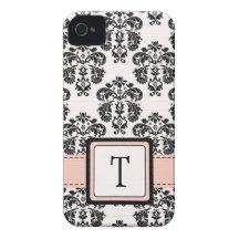 Monogrammed Pink Black Damask iPhone 4 Case Cover