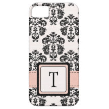 Monogrammed Pink Black Damask iPhone 5 Cases