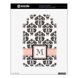 Monogrammed Pink Black Damask Kindle 3 Skin musicskins_skin