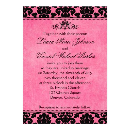 Monogrammed Pink, Black Damask Wedding Invitation