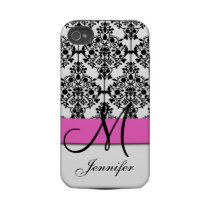 Monogrammed Pink Black White Floral Damask Iphone 4 Tough Cover
