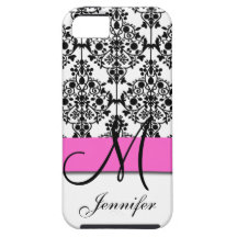 Monogrammed Pink Black White Floral Damask iPhone 5 Cases