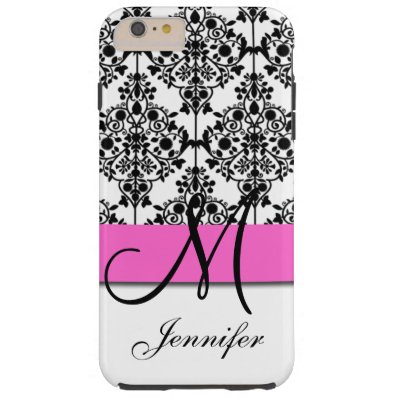Monogrammed Pink Black White Floral Damask Tough iPhone 6 Plus Case