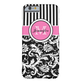 Monogrammed Pink, Black, White Striped Damask Barely There iPhone 6 Case