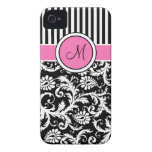 Monogrammed Pink, Black, White Striped Damask iPhone 4 Cases