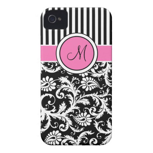 Monogrammed Pink, Black, White Striped Damask iPhone 4 Cases