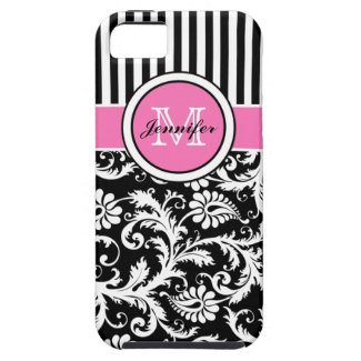Monogrammed Pink, Black, White Striped Damask iPhone 5 Cases