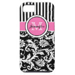 Monogrammed Pink, Black, White Striped Damask iPhone 5 Cases