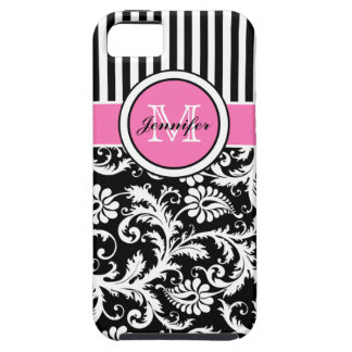 Monogrammed Pink, Black, White Striped Damask iPhone 5 Cases