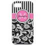 Monogrammed Pink, Black, White Striped Damask iPhone 5 Cases