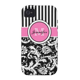 Monogrammed Pink, Black, White Striped Damask Vibe iPhone 4 Covers