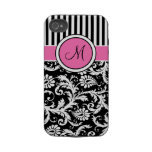 Monogrammed Pink, Black, White Striped Damask Iphone 4 Tough Cover
