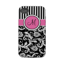 Monogrammed Pink, Black, White Striped Damask Iphone 4 Tough Cover